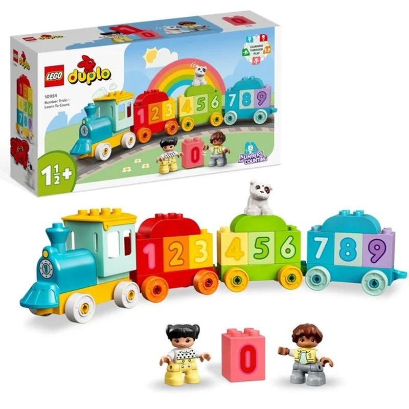 Et Lego Duplo sæt hvor børn kan lære at tælle imens de leger og samler toget med tallene fra 1-9 og 0 er også en brik.