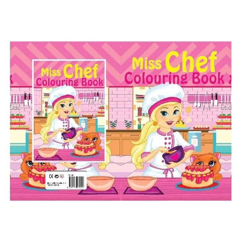 En fin malebog med miss chef der laver forskelligt mad som er klar til at blive farvelagt 